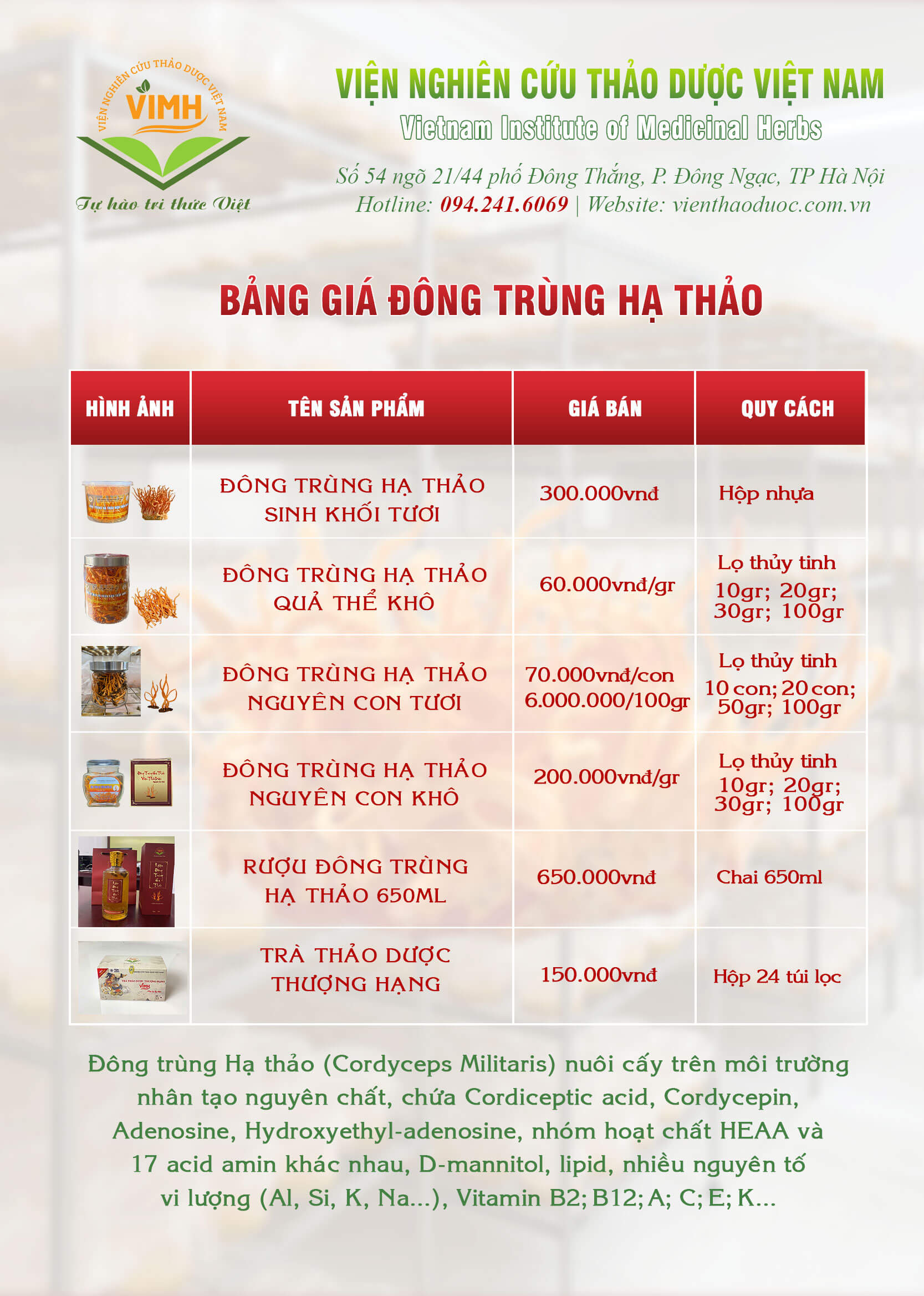 bảng giá đông trùng hạ thảo viện thảo dược